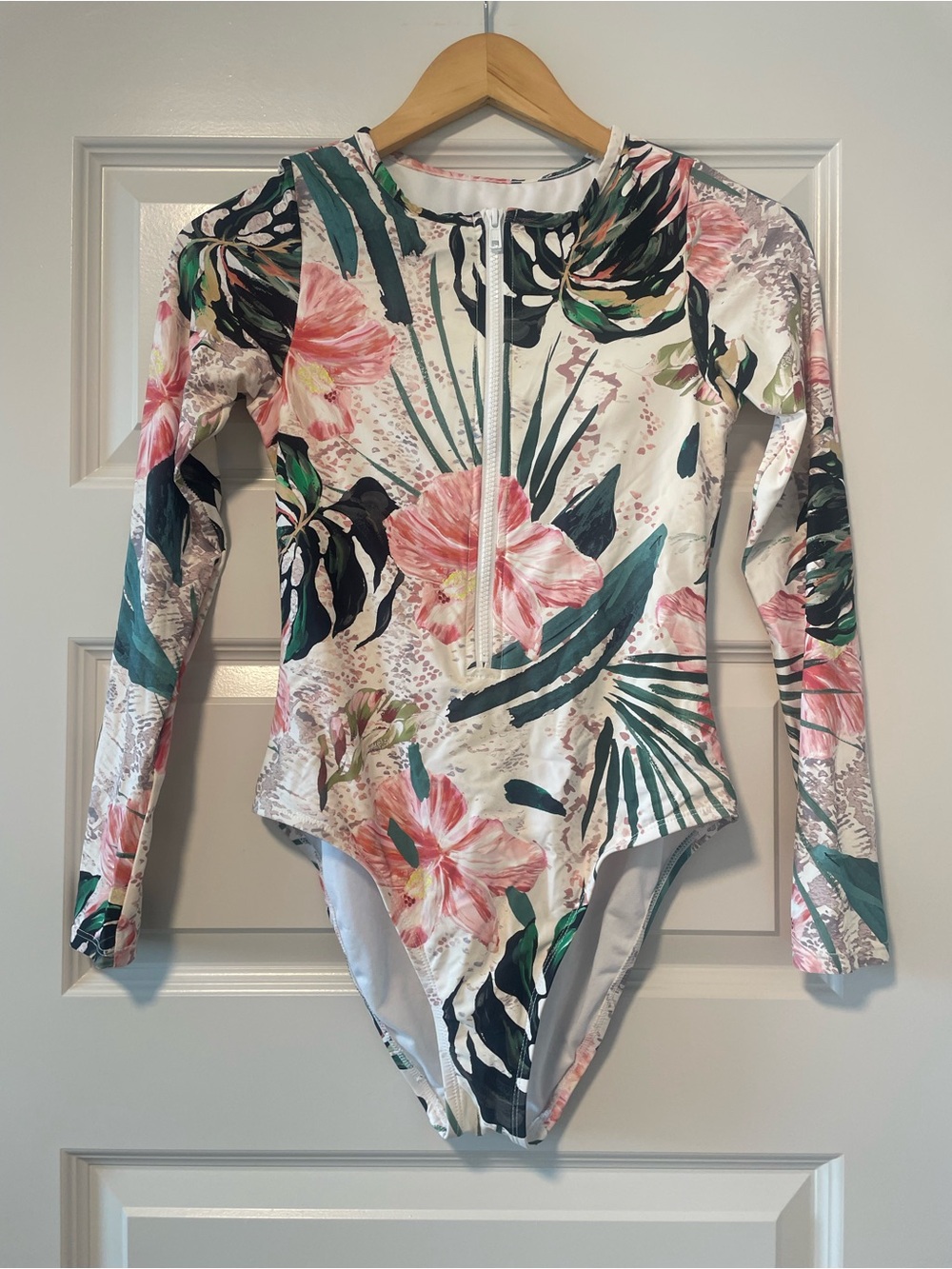 Floral Tropical One-Piece Long Sleeve Swimsuit in Pink and Green